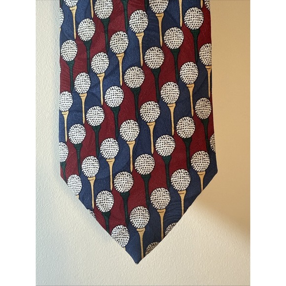 Barry Wells  "Teed Up" Mens 100% Silk Tie Red/Navy/Gold Golf - Made In USA - Picture 1 of 5